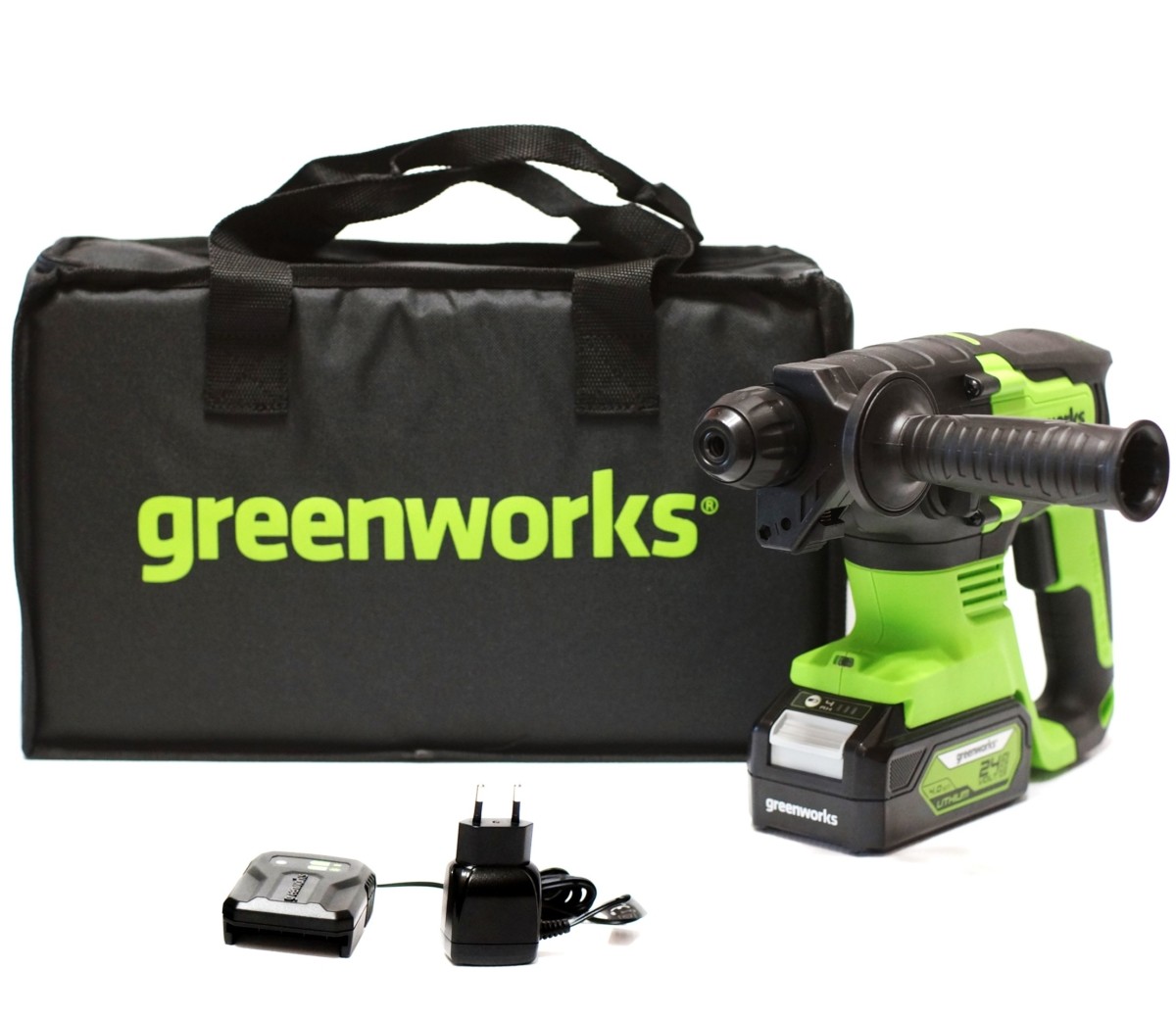 Перфоратор аккумуляторный бесщеточный Greenworks Арт. 3803007UB,  2 Дж, 24V, c 1хАКБ 4 Ач и ЗУ в сумке